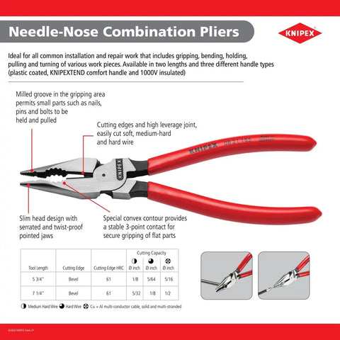 KNIPEX Tools 08 28 185 Needle-Nose Combination Pliers, 7-1/4"