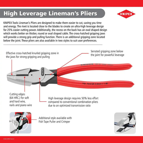 KNIPEX 09 11 240 SBA High Leverage Lineman Pliers New England with Tape Puller and Crimper